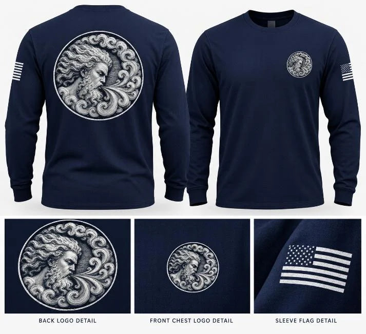 Navy AiroVenture long-sleeve tee, back and front, with back logo, chest logo and sleeve flag details