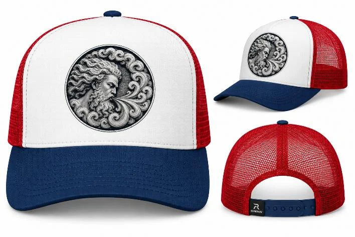 Red, white and blue AiroVenture trucker hat with the medallion, front, side and back views